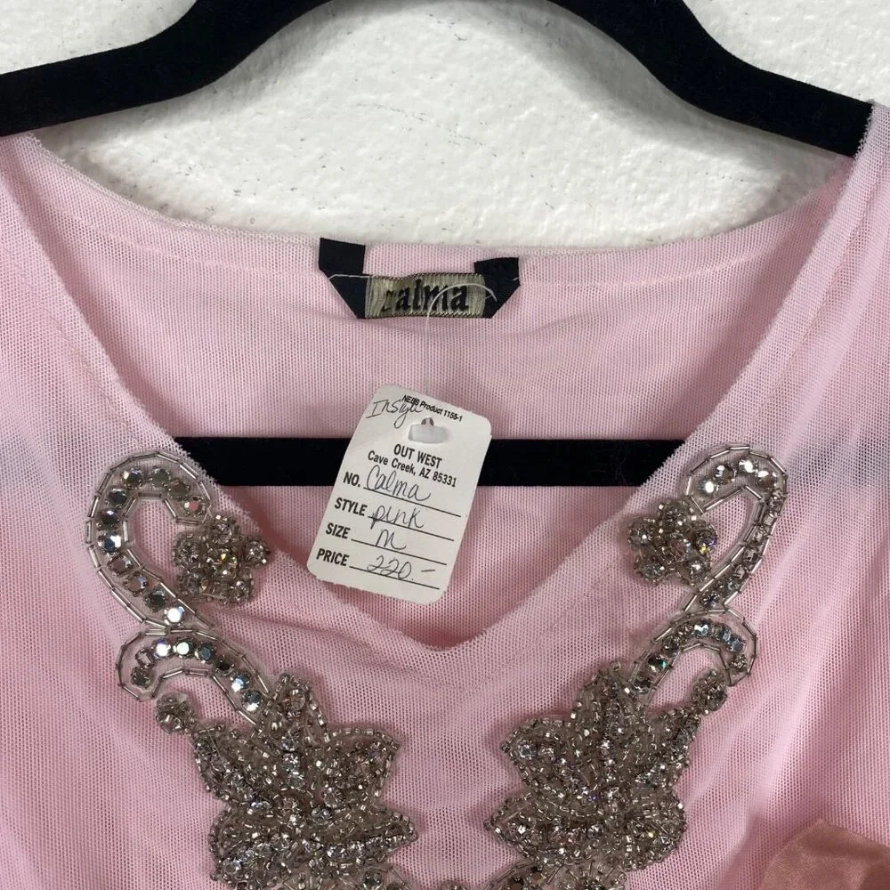 NWT Calma Women's Top Pink Size M Silk Rhinestones Fairy Unique Old Money - Picture 3 of 13